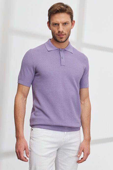 Standard Fit Regular Fit Polo Collar 100% Cotton Short Sleeve Lilac Sweater T-Shirt 4A4923200007LIL