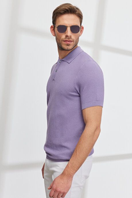 Standard Fit Regular Fit Polo Collar 100% Cotton Short Sleeve Lilac Sweater T-Shirt 4A4923200007LIL