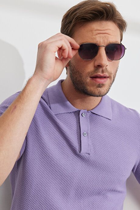 Standard Fit Regular Fit Polo Collar 100% Cotton Short Sleeve Lilac Sweater T-Shirt 4A4923200007LIL