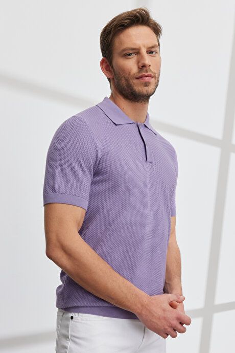 Standard Fit Regular Fit Polo Collar 100% Cotton Short Sleeve Lilac Sweater T-Shirt 4A4923200007LIL