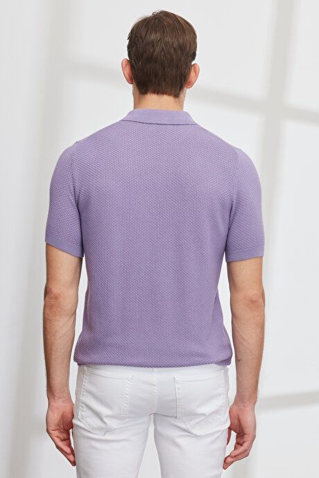 Standard Fit Regular Fit Polo Collar 100% Cotton Short Sleeve Lilac Sweater T-Shirt 4A4923200007LIL