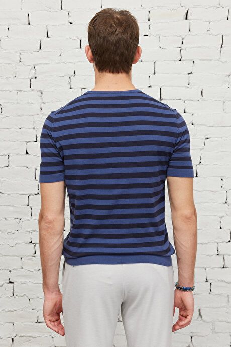 Standard Fit Regular Fit Crew Neck Cotton Striped Navy Blue-Indigo Sweater T-Shirt 4A4923200012LAN