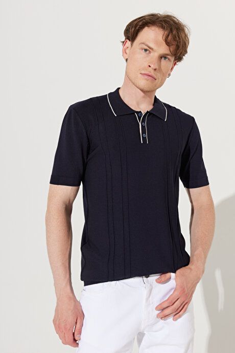 Standard Fit Regular Fit Polo Collar Short Sleeve Patterned Navy Blue Sweater T-Shirt 4A4923200016LAC