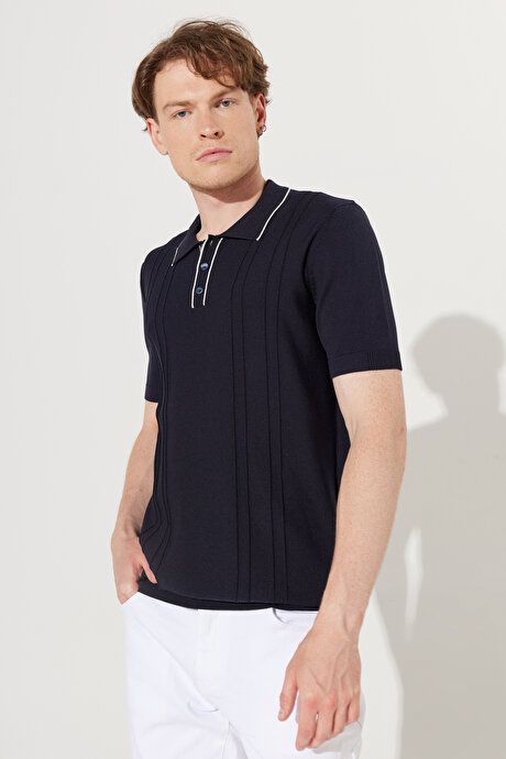 Standard Fit Regular Fit Polo Collar Short Sleeve Patterned Navy Blue Sweater T-Shirt 4A4923200016LAC