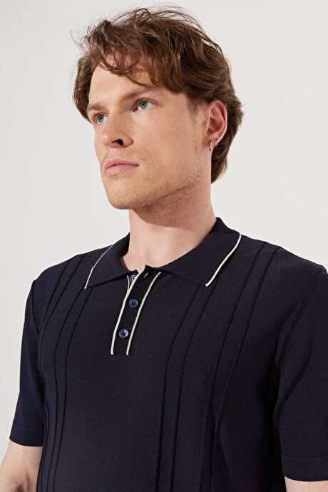 Standard Fit Regular Fit Polo Collar Short Sleeve Patterned Navy Blue Sweater T-Shirt 4A4923200016LAC