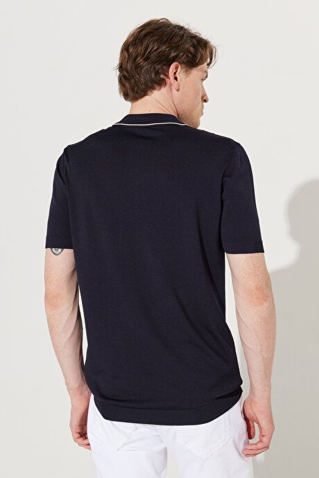 Standard Fit Regular Fit Polo Collar Short Sleeve Patterned Navy Blue Sweater T-Shirt 4A4923200016LAC