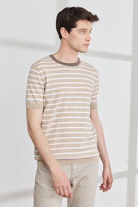 Standard Fit Regular Fit Crew Neck 100% Cotton Short Sleeve Striped Beige-White Sweater T-Shirt 4A4923200019BJB