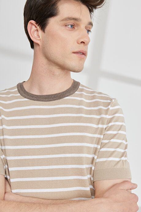 Standard Fit Regular Fit Crew Neck 100% Cotton Short Sleeve Striped Beige-White Sweater T-Shirt 4A4923200019BJB