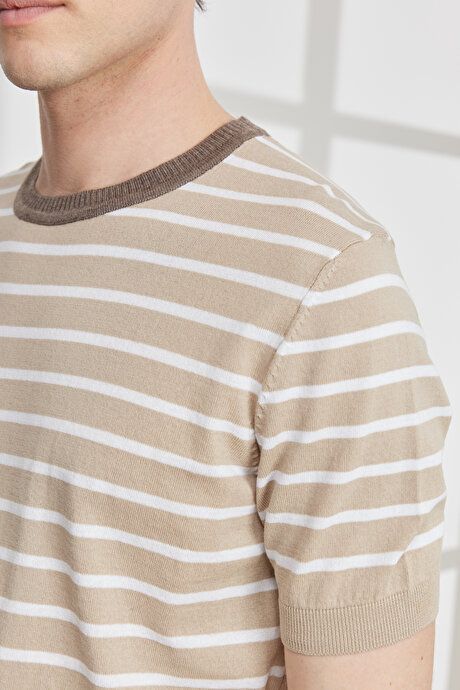 Standard Fit Regular Fit Crew Neck 100% Cotton Short Sleeve Striped Beige-White Sweater T-Shirt 4A4923200019BJB