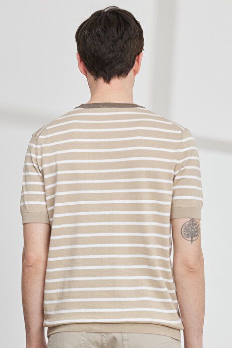 Standard Fit Regular Fit Crew Neck 100% Cotton Short Sleeve Striped Beige-White Sweater T-Shirt 4A4923200019BJB