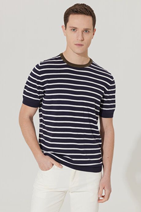 Standard Fit Regular Fit Crew Neck 100% Cotton Short Sleeve Striped Navy Blue-White Sweater T-Shirt 4A4923200019LCB