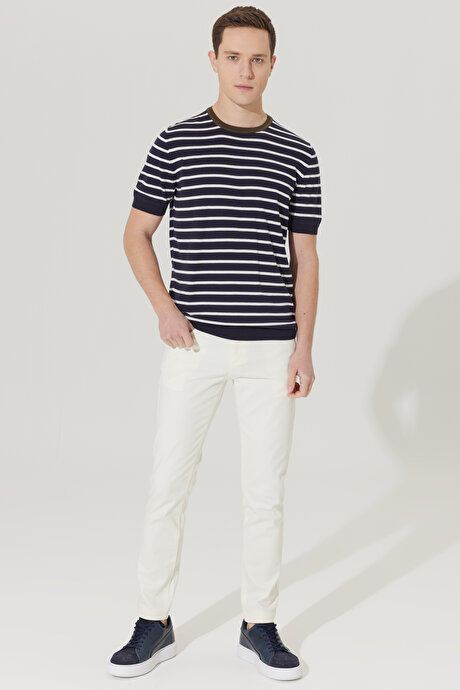 Standard Fit Regular Fit Crew Neck 100% Cotton Short Sleeve Striped Navy Blue-White Sweater T-Shirt 4A4923200019LCB