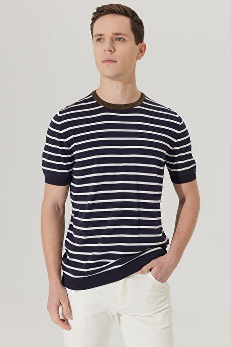 Standard Fit Regular Fit Crew Neck 100% Cotton Short Sleeve Striped Navy Blue-White Sweater T-Shirt 4A4923200019LCB