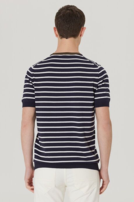 Standard Fit Regular Fit Crew Neck 100% Cotton Short Sleeve Striped Navy Blue-White Sweater T-Shirt 4A4923200019LCB