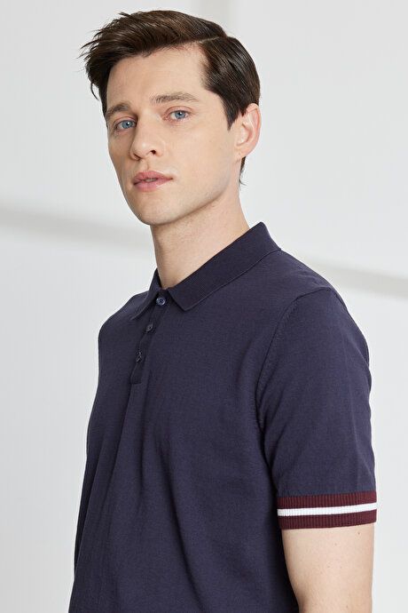 Standard Fit Regular Fit Untuckable Polo Collar 100% Cotton Short Sleeve Dark Navy Sweater T-Shirt 4A4923200023KLC