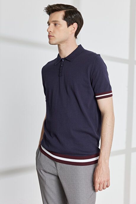 Standard Fit Regular Fit Untuckable Polo Collar 100% Cotton Short Sleeve Dark Navy Sweater T-Shirt 4A4923200023KLC