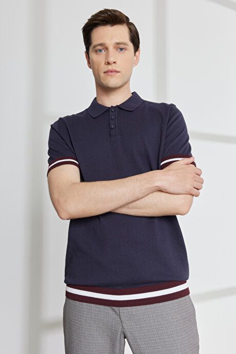 Standard Fit Regular Fit Untuckable Polo Collar 100% Cotton Short Sleeve Dark Navy Sweater T-Shirt 4A4923200023KLC