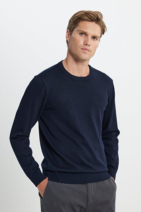 Standard Fit Regular Fit Crew-Neck Navy Blue Pullover 4A4924100001LAC