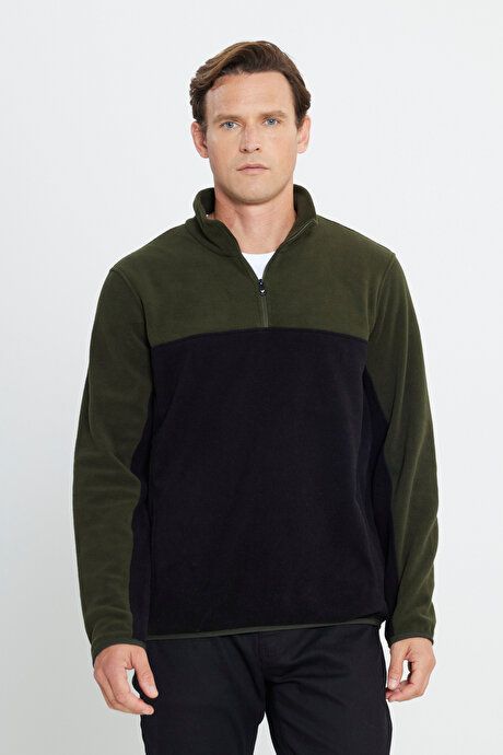 Anti-Pilling Non-Pilling Standard Fit Bato Collar Double Color Sweatshirt Khaki-Black Fleece 4A5221100015HSY