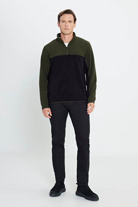 Anti-Pilling Non-Pilling Standard Fit Bato Collar Double Color Sweatshirt Khaki-Black Fleece 4A5221100015HSY