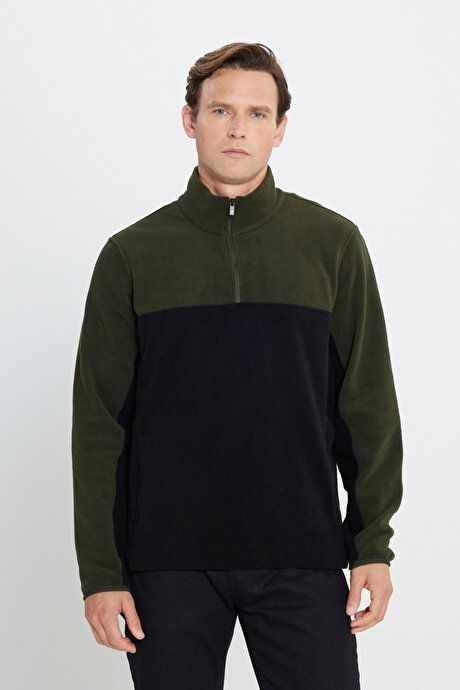 Anti-Pilling Non-Pilling Standard Fit Bato Collar Double Color Sweatshirt Khaki-Black Fleece 4A5221100015HSY