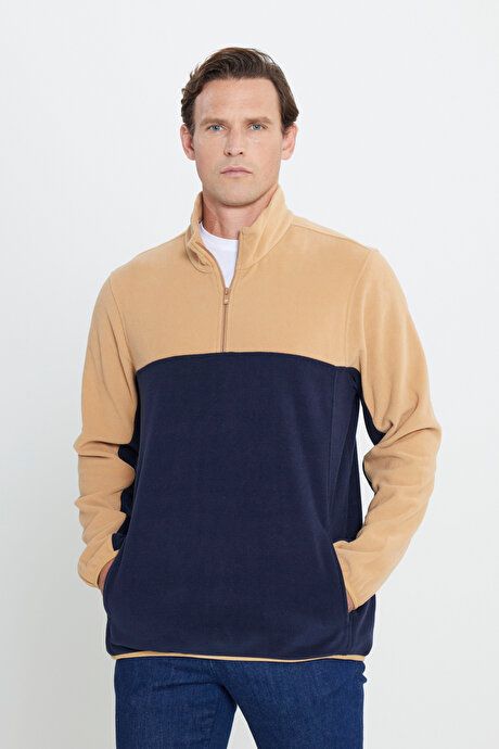 Anti-Pilling Non-Pilling Standard Fit Bato Collar Double Color Sweatshirt Caramel-Navy Fleece 4A5221100015KAL