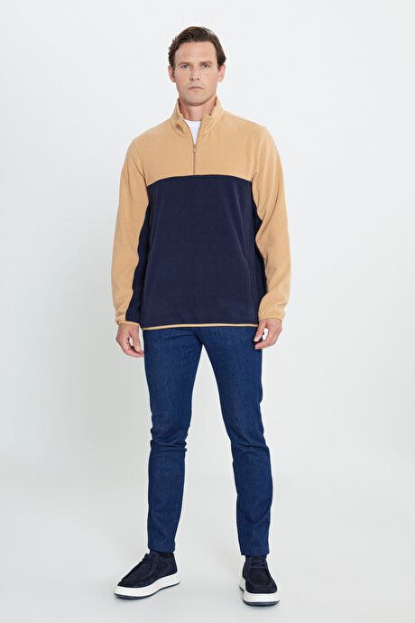 Anti-Pilling Non-Pilling Standard Fit Bato Collar Double Color Sweatshirt Caramel-Navy Fleece 4A5221100015KAL