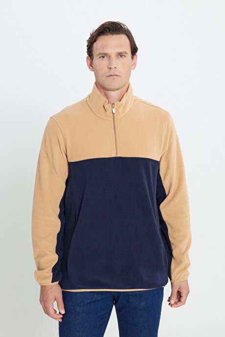 Anti-Pilling Non-Pilling Standard Fit Bato Collar Double Color Sweatshirt Caramel-Navy Fleece 4A5221100015KAL