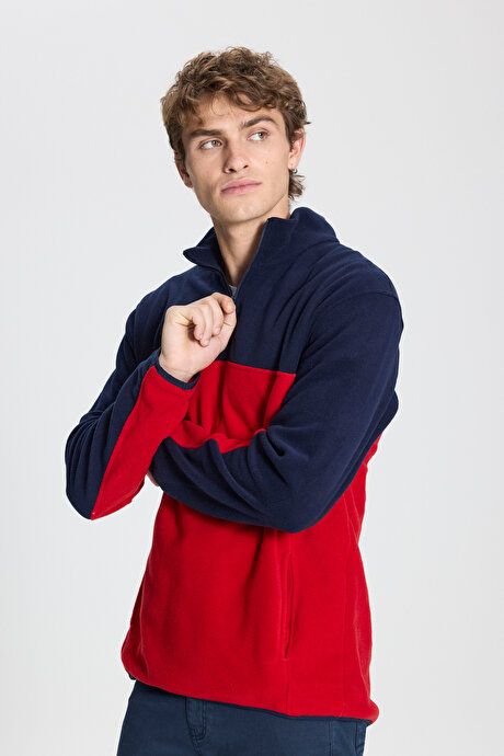 Anti-Pilling Non-Pilling Standard Fit Bato Collar Double Color Sweatshirt Navy Blue-Red Fleece 4A5221100015LKM