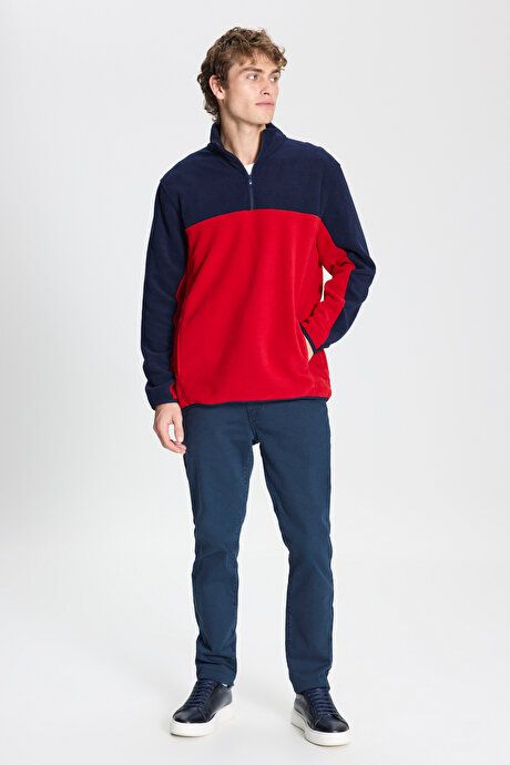 Anti-Pilling Non-Pilling Standard Fit Bato Collar Double Color Sweatshirt Navy Blue-Red Fleece 4A5221100015LKM