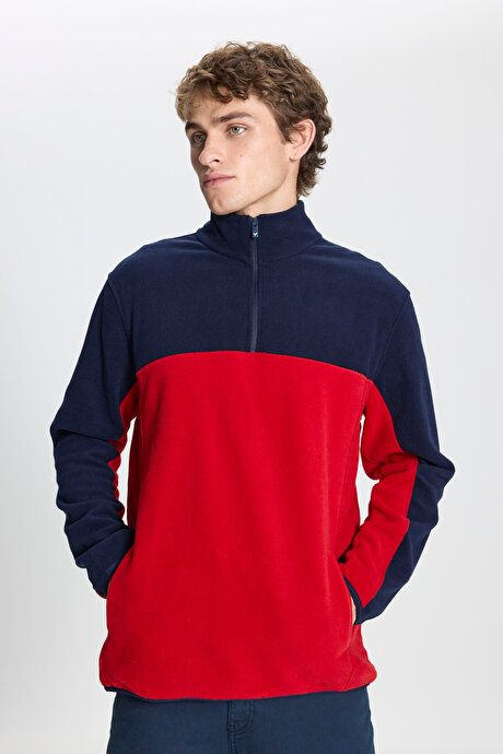 Anti-Pilling Non-Pilling Standard Fit Bato Collar Double Color Sweatshirt Navy Blue-Red Fleece 4A5221100015LKM