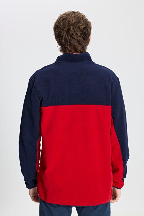 Anti-Pilling Non-Pilling Standard Fit Bato Collar Double Color Sweatshirt Navy Blue-Red Fleece 4A5221100015LKM