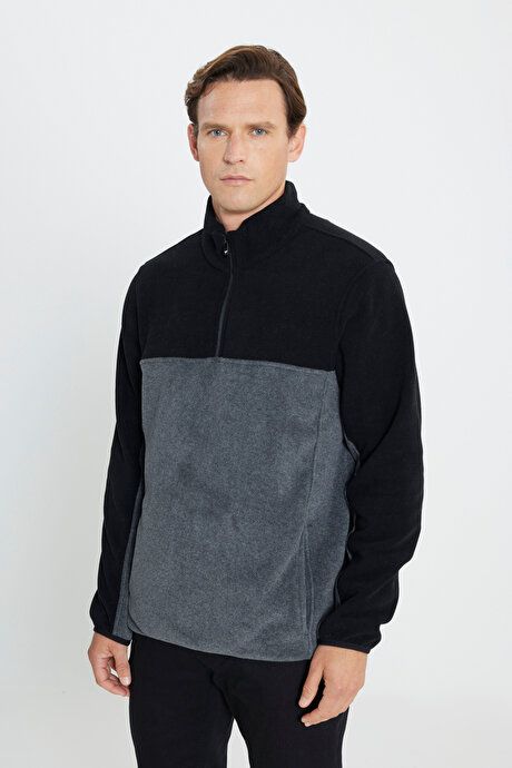 Anti-Pilling Non-Pilling Standard Fit Bato Collar Fleece Inside Double Color Sweatshirt Black-Anthracite Fleece 4A5221100015SSA