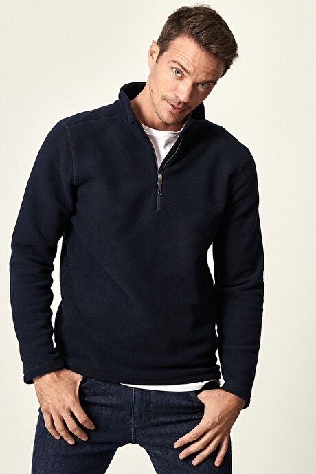 Anti-Pilling Non-Pilling Standard Fit Bato Collar Cold Proof Sweatshirt Navy Blue Fleece 4A5221100016LAC