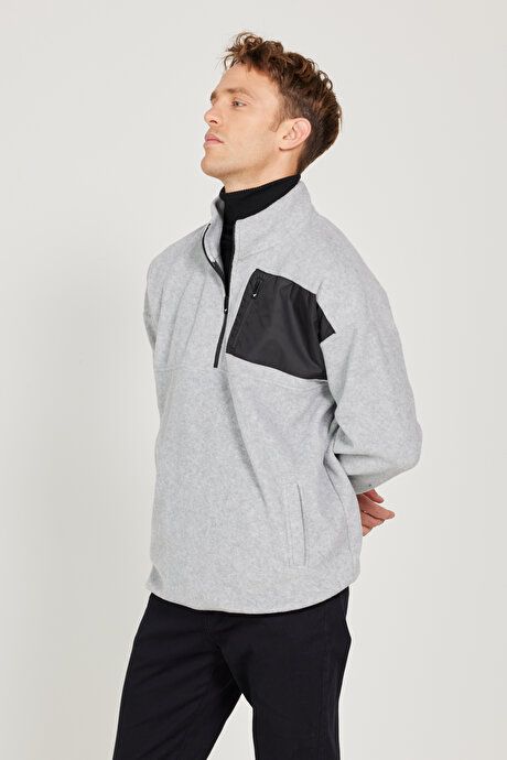 Oversized Loose Fit Bato Collar Pocket Detailed Zippered Cold Proof Sweatshirt Grey Melange Fleece 4A5222100216GMJ