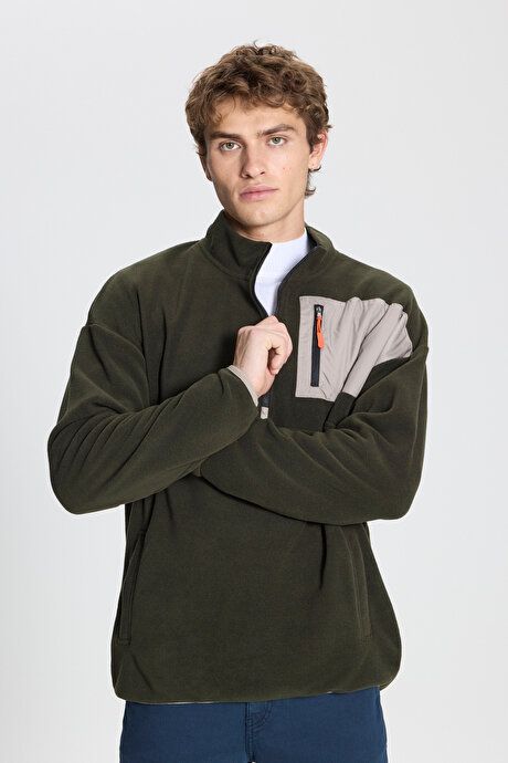 Oversized Loose Fit Bato Collar Pocket Detailed Zippered Cold Proof Sweatshirt Khaki Fleece 4A5222100216HAK