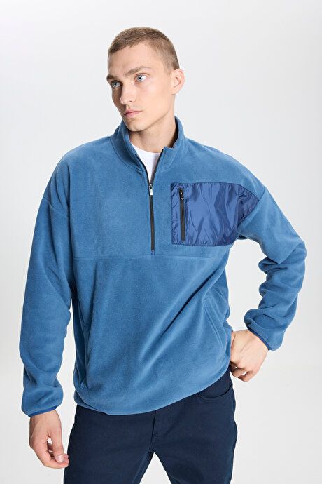 Oversized Loose Fit Bato Collar Pocket Detailed Zippered Cold Proof Sweatshirt Indigo Fleece 4A5222100216IND