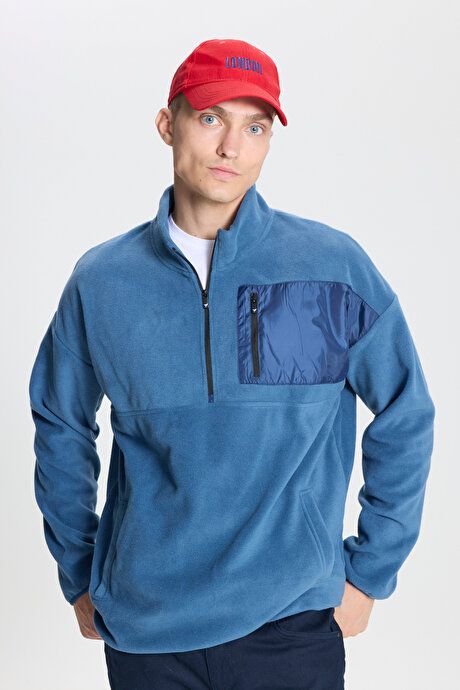 Oversized Loose Fit Bato Collar Pocket Detailed Zippered Cold Proof Sweatshirt Indigo Fleece 4A5222100216IND