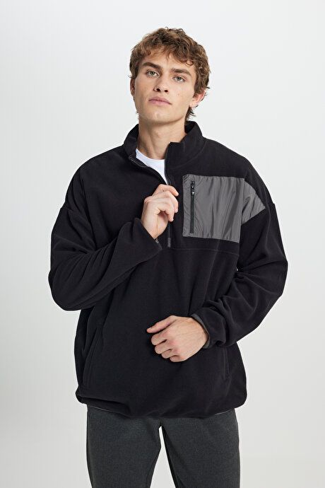 Oversized Loose Fit Bato Collar Pocket Detailed Zippered Cold Proof Sweatshirt Black Fleece 4A5222100216SYH