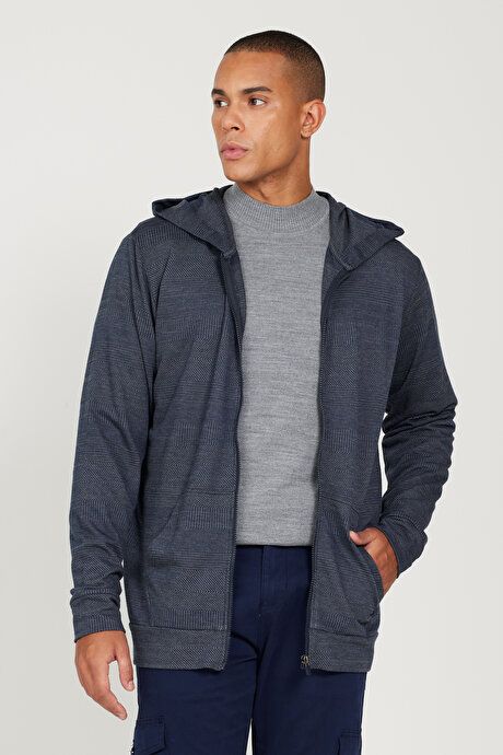 Standard Fit Regular Fit Hooded Zippered Navy-Grey Sweatshirt Jacket 4A522323200213LAG