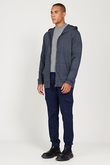 Standard Fit Regular Fit Hooded Zippered Navy-Grey Sweatshirt Jacket 4A522323200213LAG