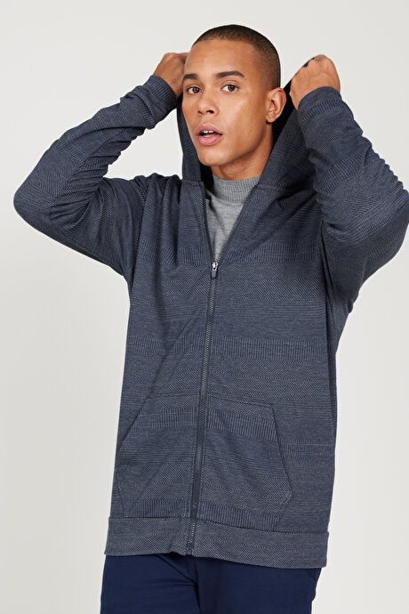 Standard Fit Regular Fit Hooded Zippered Navy-Grey Sweatshirt Jacket 4A522323200213LAG