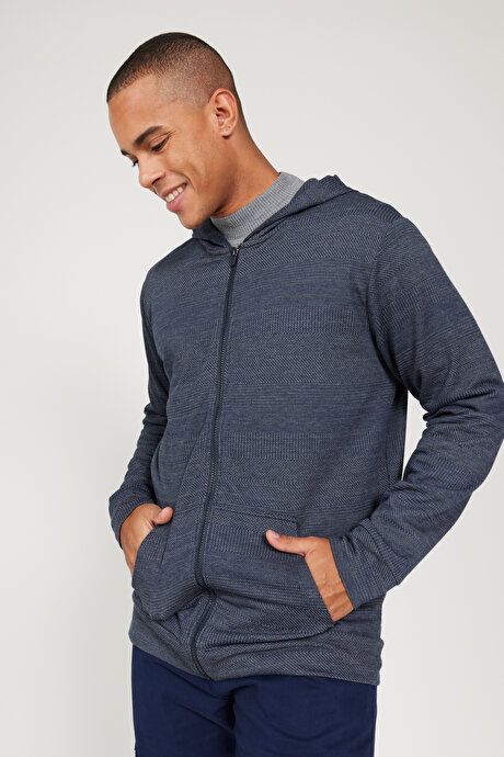 Standard Fit Regular Fit Hooded Zippered Navy-Grey Sweatshirt Jacket 4A522323200213LAG