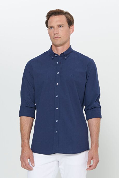 Slim Fit Slim Fit Button-down Collar 100% Cotton Navy Blue Shirt 4C2024200002LAC