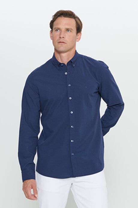 Slim Fit Slim Fit Button-down Collar 100% Cotton Navy Blue Shirt 4C2024200002LAC