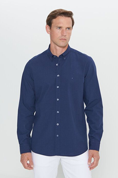 Slim Fit Slim Fit Button-down Collar 100% Cotton Navy Blue Shirt 4C2024200002LAC