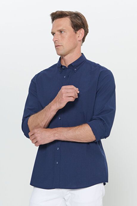 Slim Fit Slim Fit Button-down Collar 100% Cotton Navy Blue Shirt 4C2024200002LAC