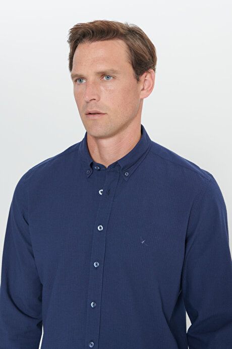 Slim Fit Slim Fit Button-down Collar 100% Cotton Navy Blue Shirt 4C2024200002LAC