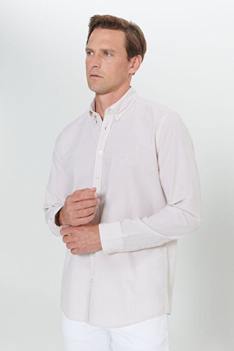 Slim Fit Slim Fit Button-down Collar 100% Cotton Striped White-Beige Shirt 4C2024200009BJZ