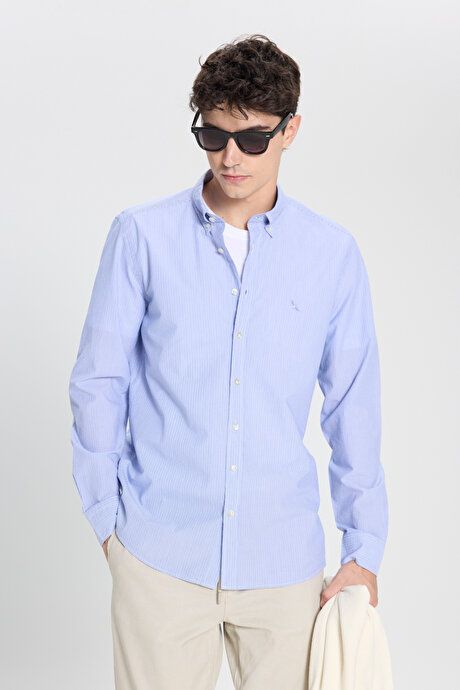 Slim Fit Slim Fit Button-down Collar 100% Cotton Striped White-Blue Shirt 4C2024200009BZM